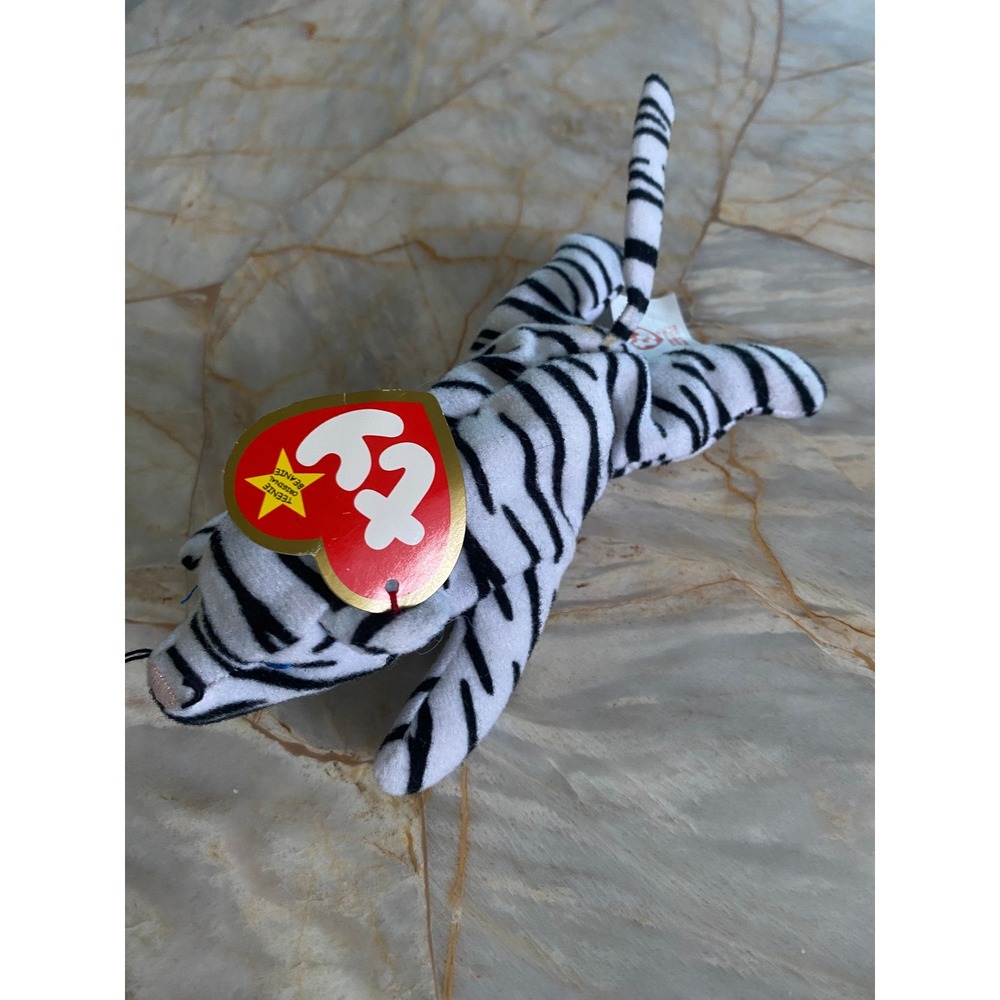 Ty Beanie Baby Blizzard White Tiger Plush Black White Striped Blue Eyes 1996